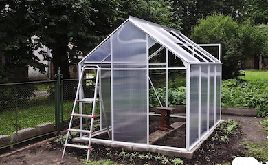 Greenhouse being erected in garden