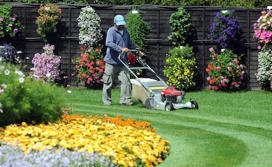 Man mowing lawn in garden