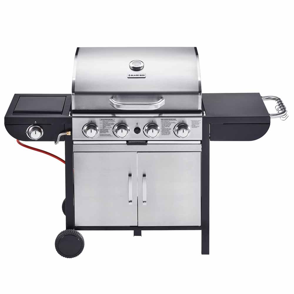 Blazebox Gas BBQ Grill 4 Gas Burner BBQ Stainless Steel Finish 4 Dial Temperature Control Multi Cook System 1 Side Burner & Warming Racks 