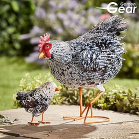 Garden Gear Set of 2 Hand-Painted Mother Hen and Chick Garden Ornaments - White and Grey