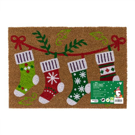 JVL Christmas Coir Latex Backed Doormat Stockings 40x58cm