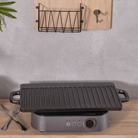 45 x 22cm Black Rectangular Non-Stick Cast-Iron Reversible Griddle Pan