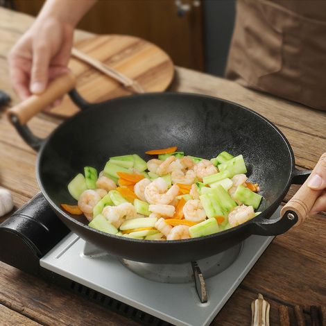 45 x 36cm Black Round Cast Iron Wok with Dual Handles