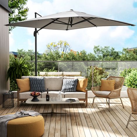 3m Square Canopy Rotating Outdoor Cantilever Parasol with Square Base - Light Grey