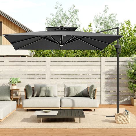 3m Large Outdoor LED Cantilever Parasol with HDPE Square Base - Dark Grey