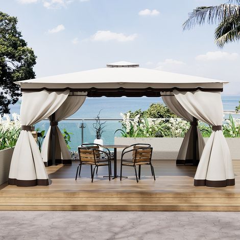 13 x 13FT Tiered Roof Metal Frame Patio Gazebo with Curtains - Beige