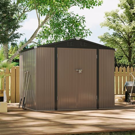 6 x 8ft Large Galvanized Steel Lockable Apex Metal Shed - Brown and Black