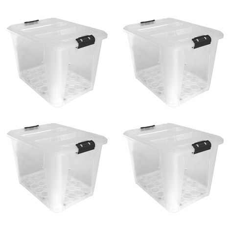 JVL Clear Plastic Storage Boxes with Secure Clip Lids and Wheels 60L - Pack of 4