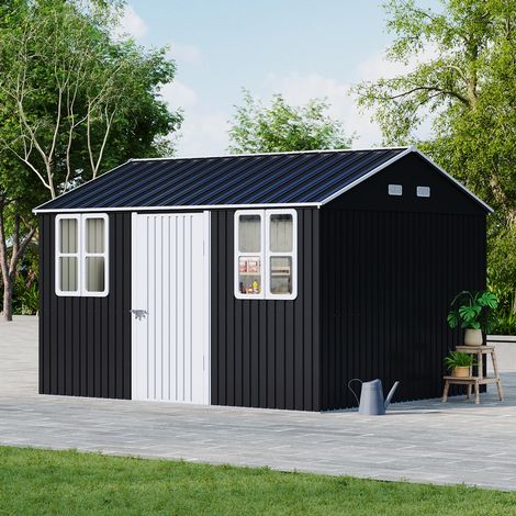 12 x 10ft Metal Apex Roof Garden Storage Shed - Charcoal Black