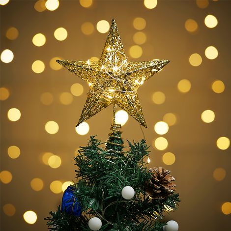 Gold Metal Star Sequins Christmas Tree Topper with LED Lights for Home Decoration - 20 x 23cm