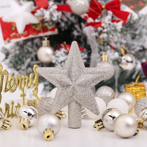 30Pcs Christmas Tree Hanging Ornament Set Bauble and Snowflake Tree Topper - Silver