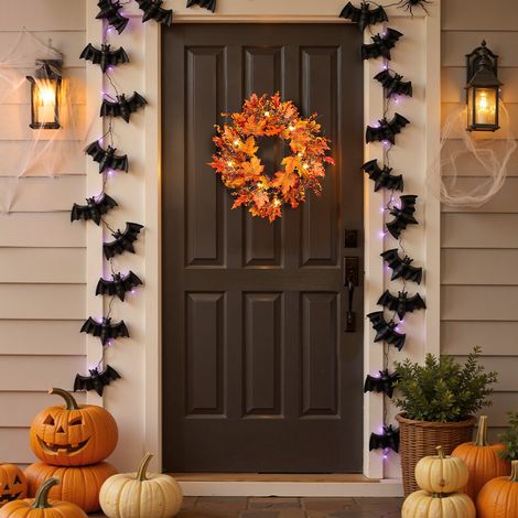 Decorative Maple Leaves Rattan Wreath with Berries and Lights