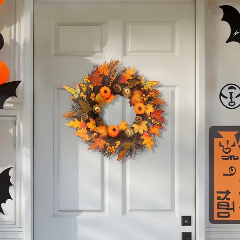 55cm Diameter Halloween Thanksgiving Door Decorative Wreath Maple Pumpkin with Lights