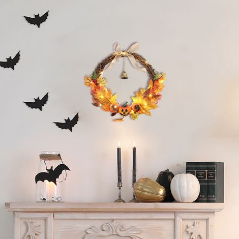 40cm Diameter Artificial Pumpkin Maple Leaves Wreath with Bell and LED Lights