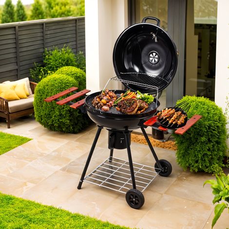 Outdoor Charcoal BBQ Grill with 2 Wooden Shelves