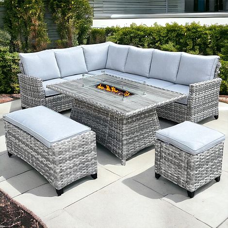 The Maldives Grey Aluminium 9 Seat Corner Gas Firepit Rattan Dining Set
