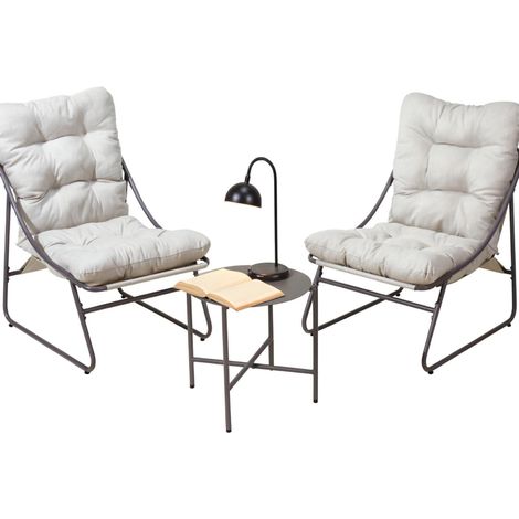 idooka 3 Piece Bistro Garden Set 2 Sling Chairs Matte Black Steel Beige Cushions and Table