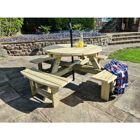 Westwood Round Picnic Table, Traditional Wooden Garden Furniture - L200 x W200 x H73 cm - Minimal Assembly Required