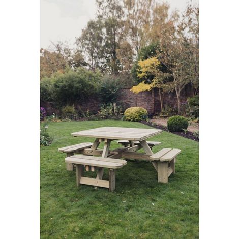 Square Picnic Table Sits 8, Wooden Garden Furniture - L200 x W200 x H73 cm - Minimal Assembly Required