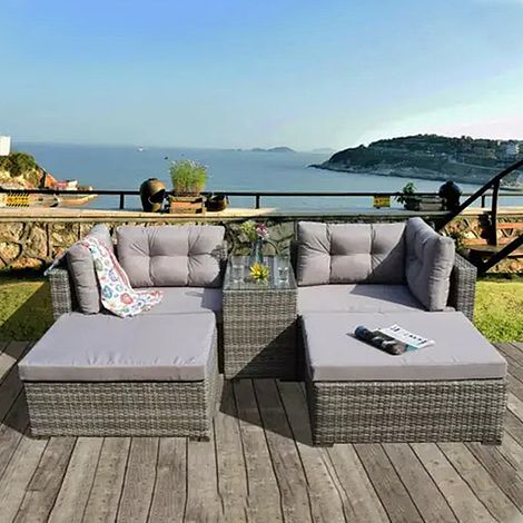 RATTAN GARDEN WICKER OUTDOOR SUN LOUNGER SOFA FURNITURE SET CUBE CORNER DINING GREY