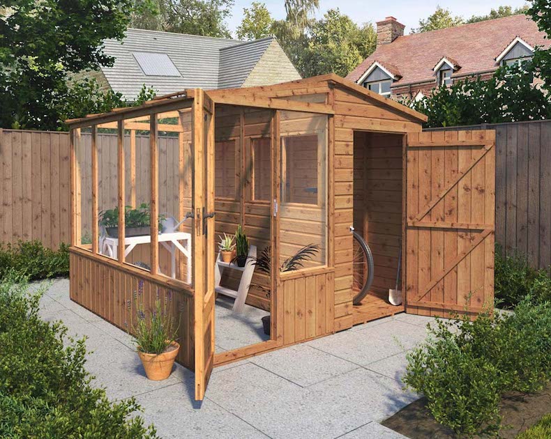 Wooden combi greenhouse and shed