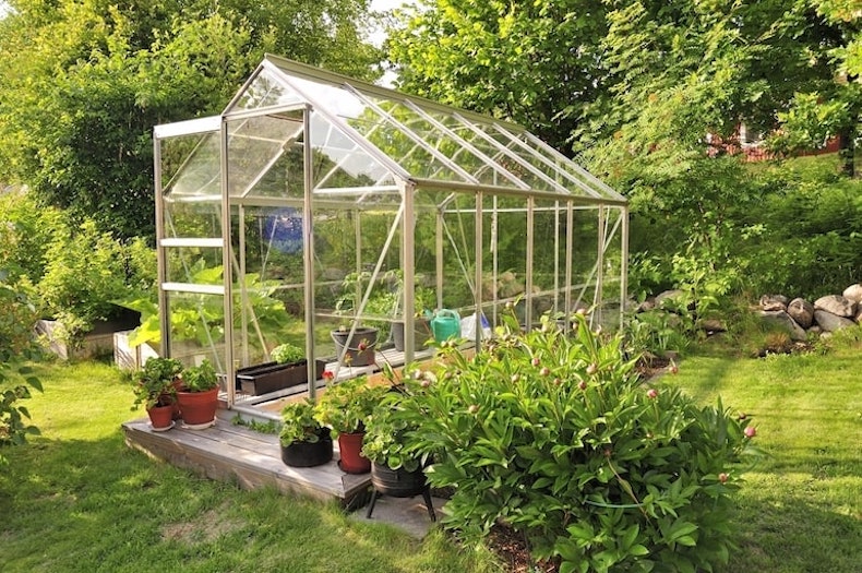 Large white metal greenhouse in the sun in the garden with plant pots