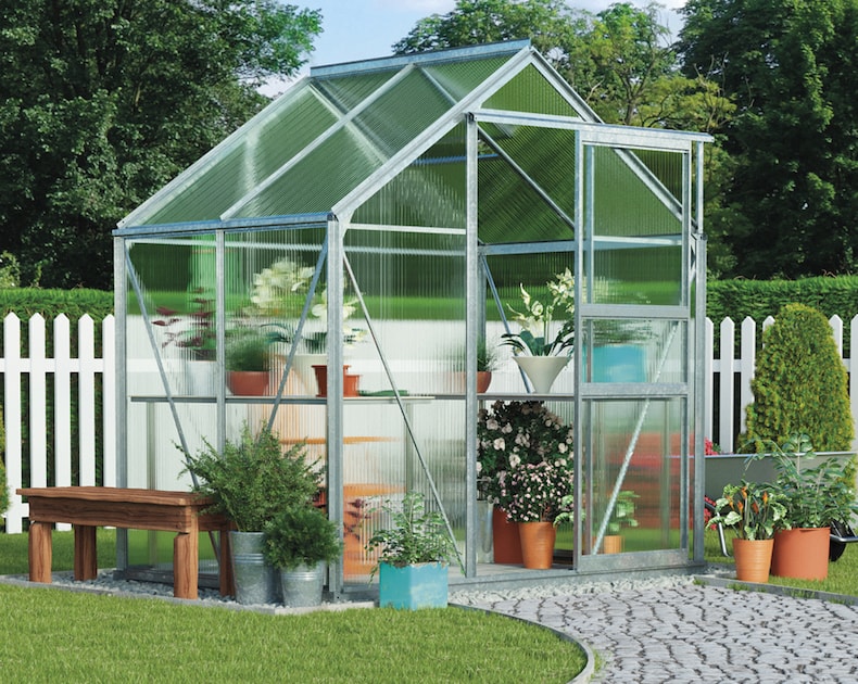 White metal greenhouse with door open