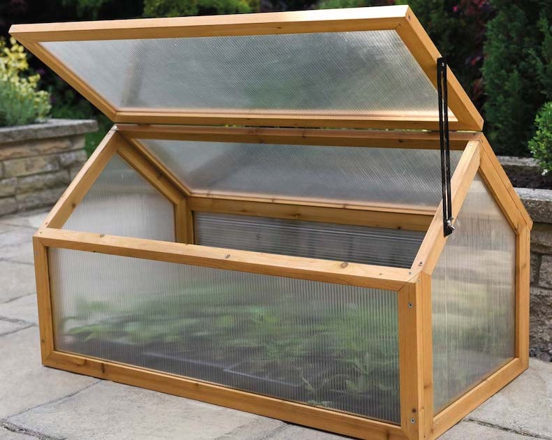 Wooden cold frame on patio