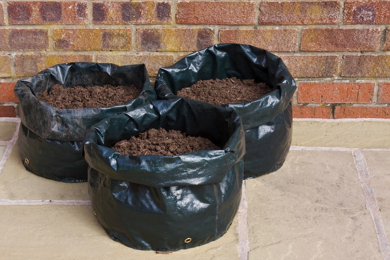 bags of soil containing potatoes on a patio