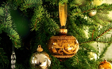 Christmas decorations on fir tree