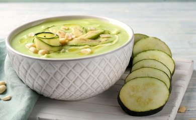 Courgette and parmasan soup with cut up courgette slices