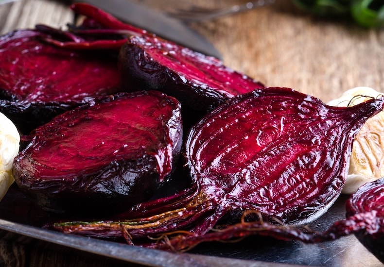 Roasted beetroot on tray