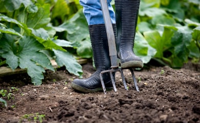 Person with welly boots and garden fork